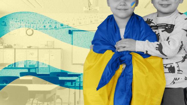 Photo illustration of two school children, far right, with one draped in the Ukrainian flag with facepaint of the flag on her face. The background is a classroom full of desks tinted yellow at low opacity with two light blue squiggles moving horizo<em></em>ntally over the photo.